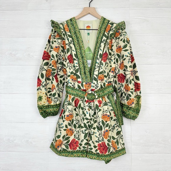 Farm‎ Rio Sand Garden Tapestry Romper XS Floral Green Puff Sleeve Cottage Whimsy - Picture 2 of 16